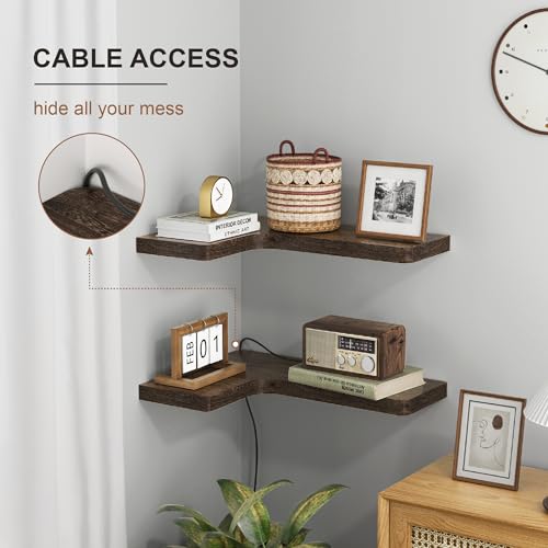 Set of 3 Rustic Floating Corner Shelves - Solid Wood Wall Mount Storage
