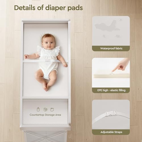 Mobile Baby Changing Table with 9 Storage Bins and Waterproof Pad, White