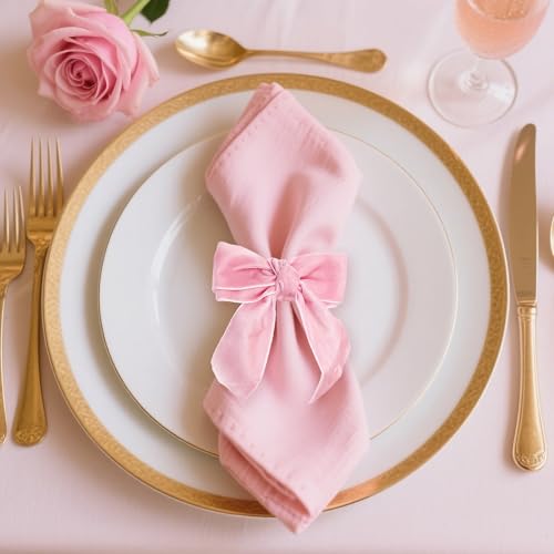 Davifina Pink Velvet Bow Napkin Rings Set of 6 for Christmas & Valentine’s Table Decor