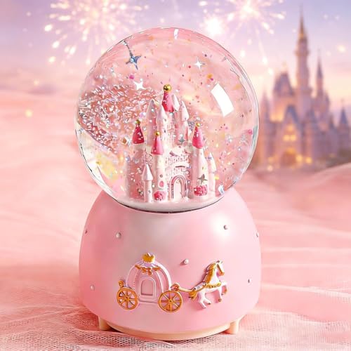 Musical Castle Snow Globe with Automatic Snowfall and LED Lights (Pink)
