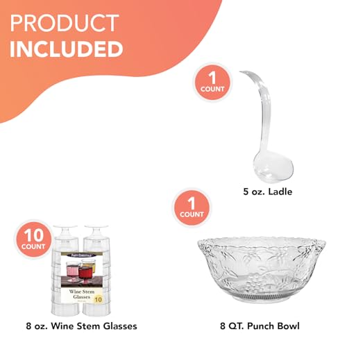 8-Quart Clear Punch Bowl Set with Ladle and 10 Wine Cups for Parties