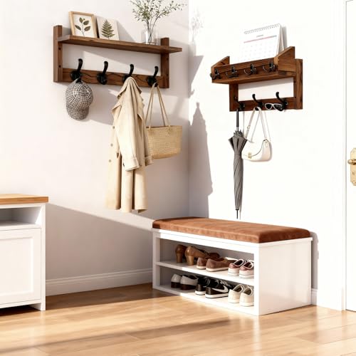 27-Inch Wall Mounted Coat Rack with Shelf and 11 Hooks, Wood Entryway Organizer