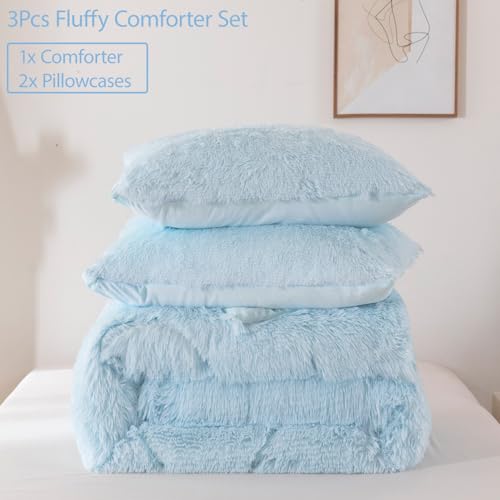 3-Piece Twin Faux Fur Comforter Set - Soft Fluffy Bedding in Light Blue