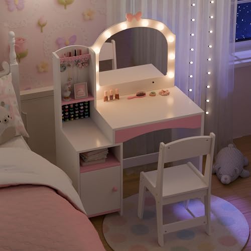 Kids Vanity Table and Chair Set with LED Mirror and Jewelry Organizer