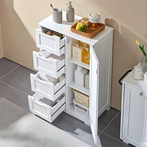 White Bathroom Floor Storage Cabinet with 4 Drawers & Adjustable Shelf