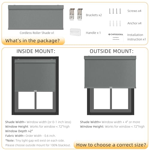 Cordless Blackout Roller Shades, 35" W x 72" H, Thermal Insulated Grey Striped Fabric