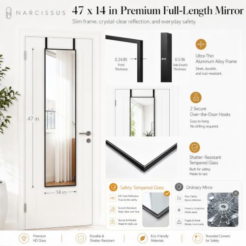 47x14 Inch Full Length Mirror, Over-the-Door or Wall Mounted Dressing Mirror