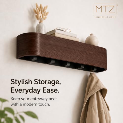 Solid Wood Wall Mounted Coat Rack with Shelf and 5 Hooks - Walnut Finish