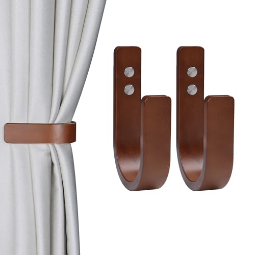 2-Pack U-Shaped Beech Wood Curtain Tiebacks, Wall-Mounted Drapery Hooks