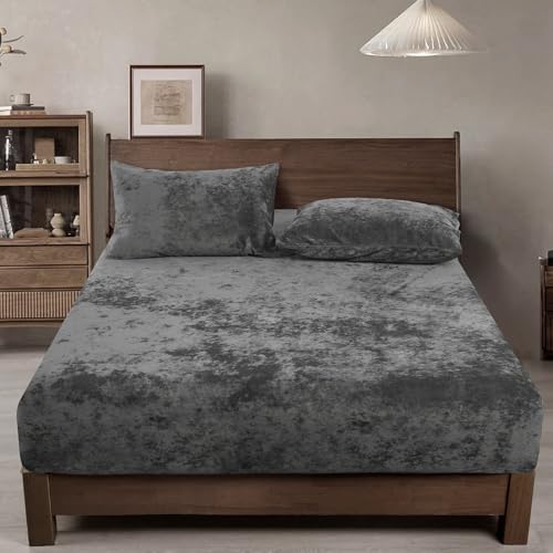 Velvet Queen Fitted Sheet, Super Soft Fuzzy Fleece Bed Sheet, Charcoal