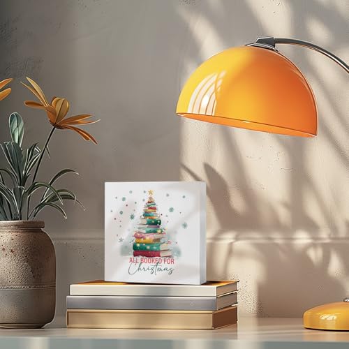 Christmas Tree Bookish Wooden Desk Sign - All Booked for Christmas Gift, 5x5 Inch