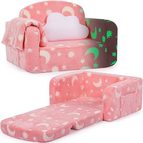2-in-1 Fold Out Toddler Couch with Blanket and Glow-in-the-Dark Pillow