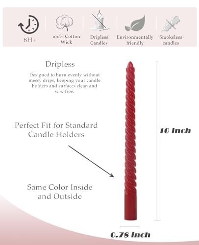 E-Burgundy Gradient Taper Candles 10in 12 Pack Unscented Dripless
