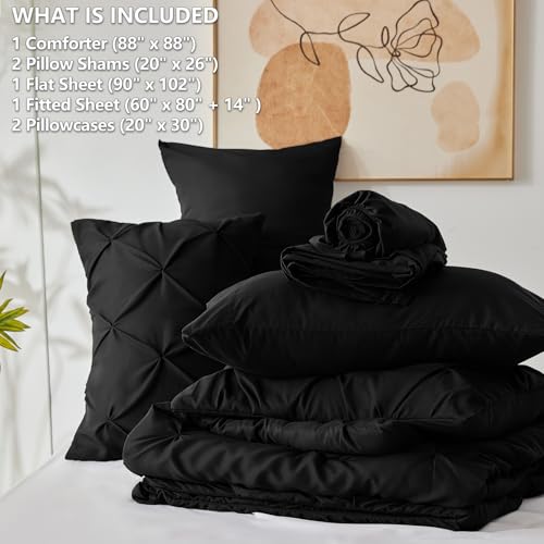 CozyLux Black Queen Comforter Set 7-Piece Pintuck Bed in a Bag