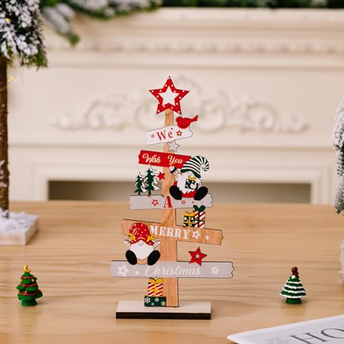 Wooden Christmas Tree Gnome Tabletop Decoration with Holiday Greeting