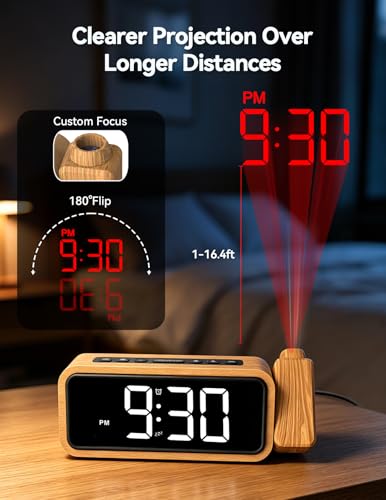 Wooden Projection Alarm Clock with Rotatable Projector for Ceiling