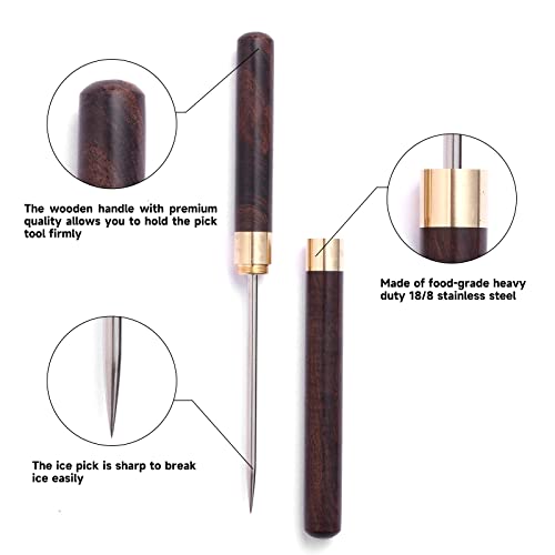 KABUDA 9-Inch Stainless Steel Ice Picks Set with Safety Covers, Non-Slip Wooden Handles