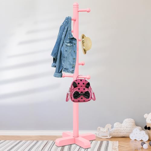 8-Hook Freestanding Wooden Coat Rack, Adjustable Height Pink Coat Tree