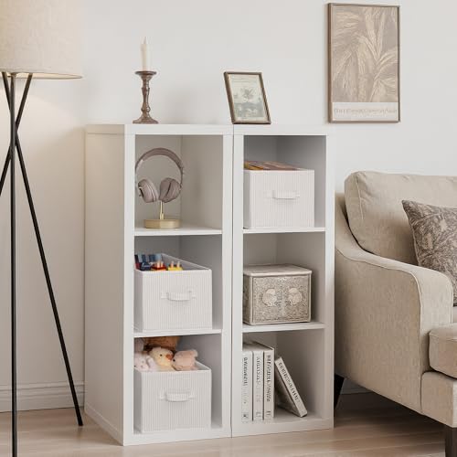 Foldable Fabric Shelf Storage Bins Beige Stripes 3-Pack Large Closet Baskets
