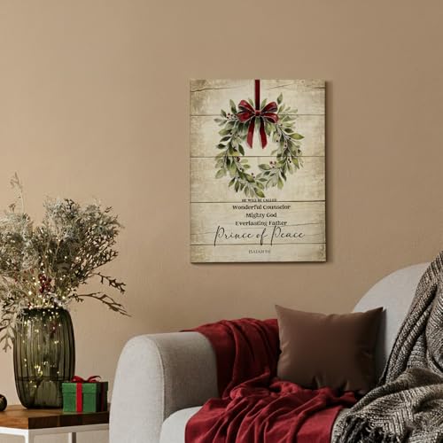 Voxitura Oak Wreath Vintage Christmas Wall Art Canvas 12x15in with Isaiah 9:6 Bible Verse