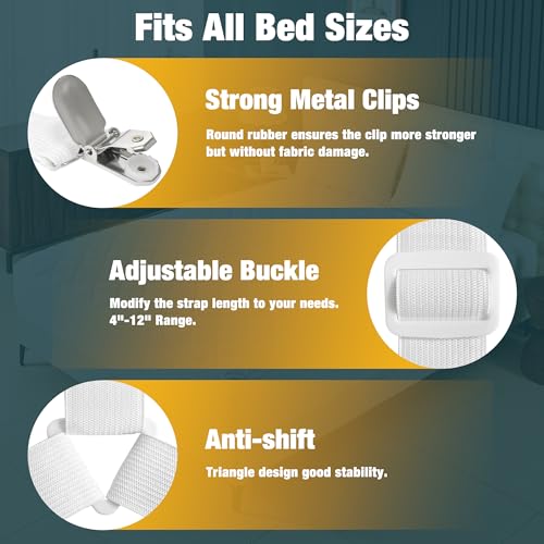 Bed Sheet Fasteners - 4 Pack Adjustable Elastic Straps with Metal Clips