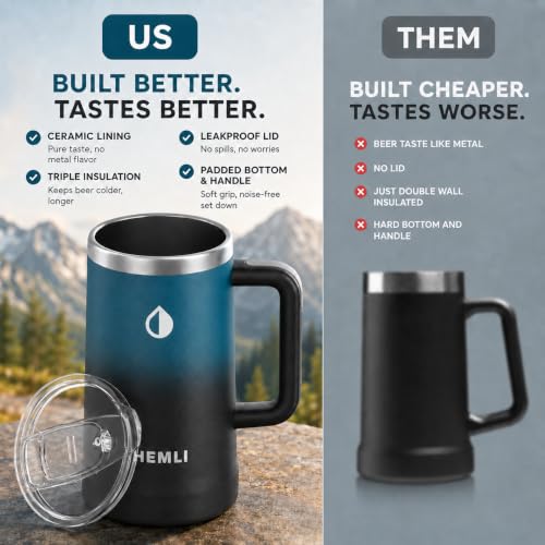24 oz Ceramic Lined Insulated Beer Mug with Leakproof Lid