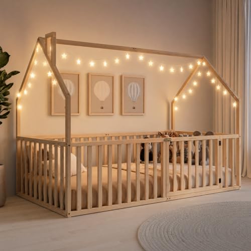 Twin Size Montessori House Bed Frame with Safety Gate and Wood Rails