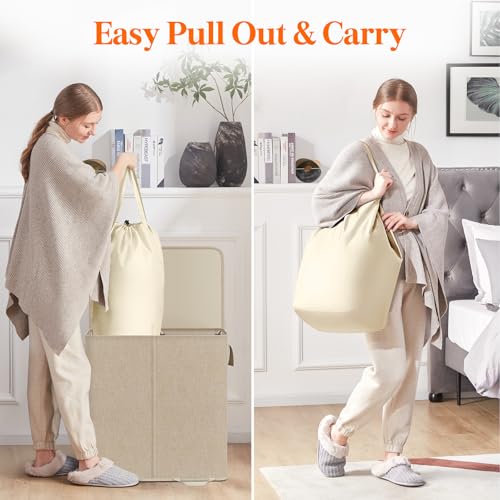 136L Double Laundry Hamper with Lid and Removable Bags - Collapsible Divider