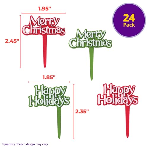 Holiday Tidings Christmas Cupcake Toppers - 24 Festive Food Safe Decorations