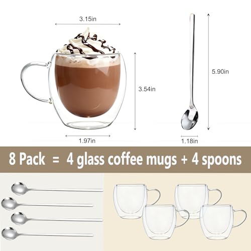 DINGPAI 4 Pack Double Wall Glass Coffee Mugs 8oz Borosilicate Insulated Cups