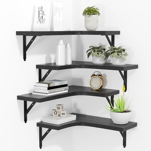 Rustic Wood Corner Floating Shelves - Wall Mounted Display Set of 4 (Black)