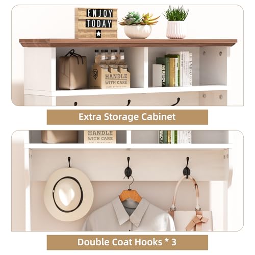 White Farmhouse 5-in-1 Hall Tree with Shoe Rack & Bench - TOOBVEST