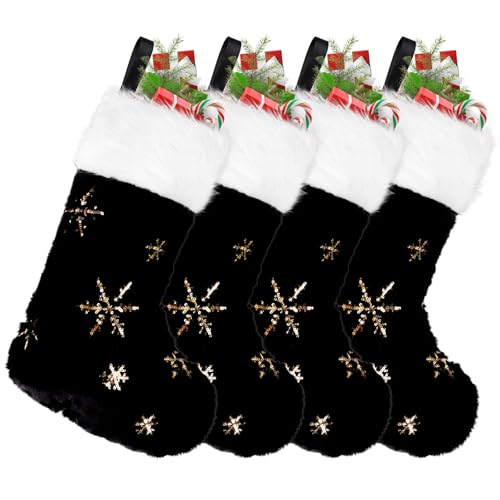 CCINEE 4 Pack 18-Inch Black Christmas Stockings with Gold Snowflake Sequin - Faux Fur Xmas Stockings
