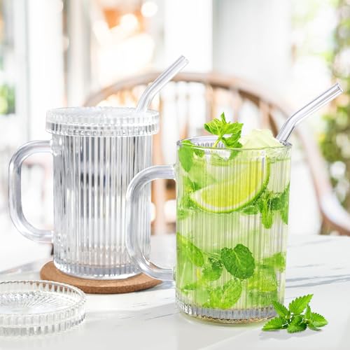 Joeyan Clear Ribbed 13oz Glass Tumbler with Lid, Straw & Handle – 2-Pack, Dishwasher Safe (Variation: Clear Ribbed Glass Tumbler)