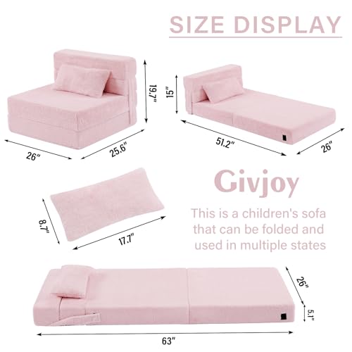 Pink Plush Foldable Kids Sofa Bed with Pillow - Washable Floor Couch for Children