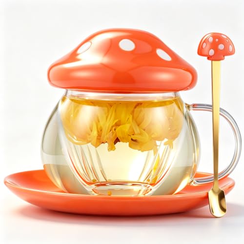 Rain Shops Orange Mushroom Tea Cup Set with Infuser & Saucer - Cute Glass Tea Mug for Loose Leaf Tea & Coffee