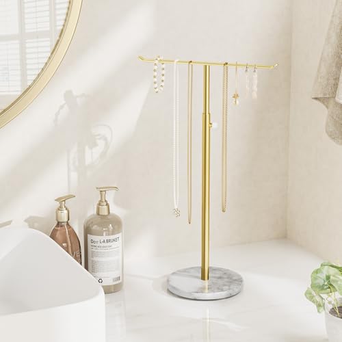 Adjustable T-Bar Jewelry Stand with Marble Base for Necklaces