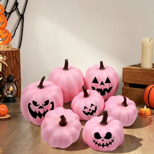 7-Piece Pink Artificial Foam Pumpkin Set for Fall Thanksgiving Decor
