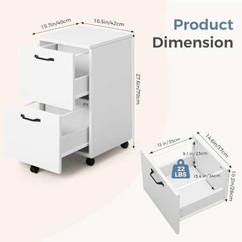 2-Drawer Mobile Storage Cabinet, Rolling Under Desk Printer Stand - White