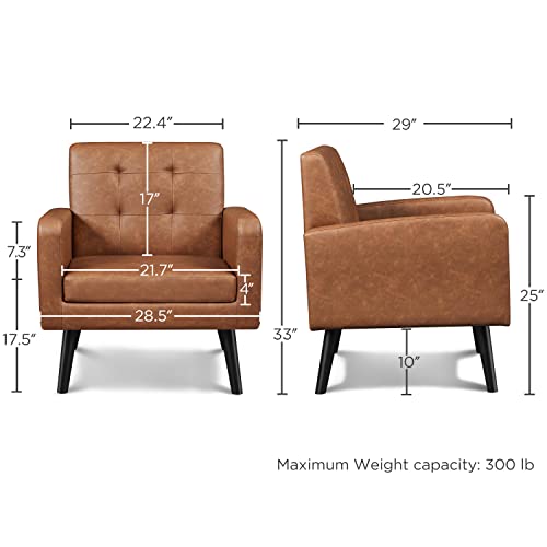 Mid-Century Faux Leather Accent Chairs, Set of 2, Brown Upholstered Armchairs