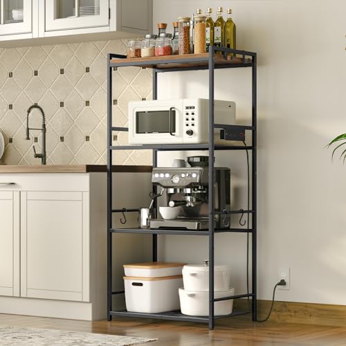 4-Tier Bakers Rack with Power Outlet, Microwave Stand and Storage Shelves