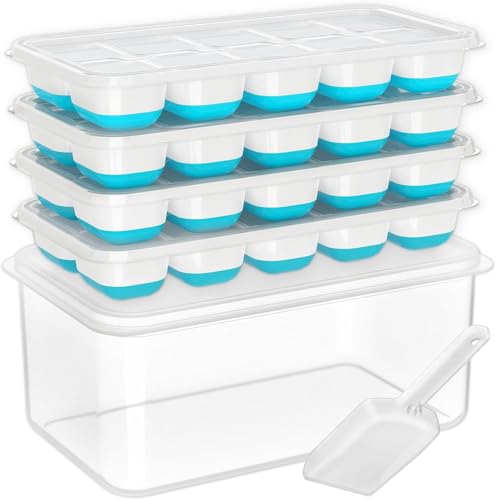 Silicone Ice Cube Tray Set with Lid, Bin & Scoop - 4 Pack Stackable