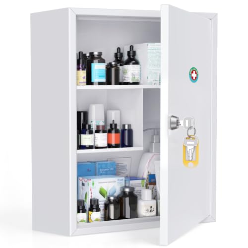 Locking Medicine Cabinet, Wall-Mounted Steel Medication Organizer with Keys