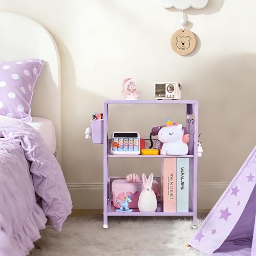Small Purple Metal Nightstand with Storage Hooks and Adjustable Shelf