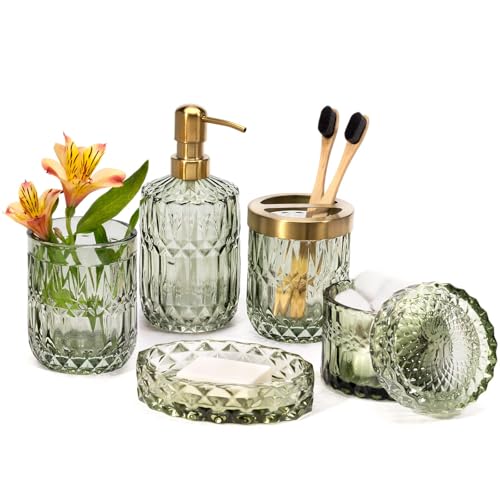 6-Piece Sage Green Glass Bathroom Accessory Set - Vintage Crystal Design