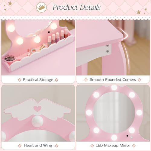 Kids Vanity Set with Lighted Mirror and Stool - Pink Princess Makeup Desk