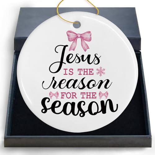 DIENADFX Jesus Ceramic Christmas Ornament Pink Bow Holiday Decor Religious Gift