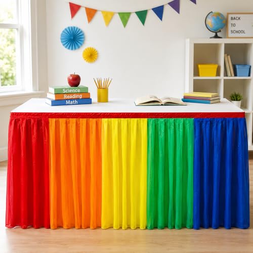 Rainbow Ruffled Table Skirt with Black Lining, 6.6 Ft x 31 Inch