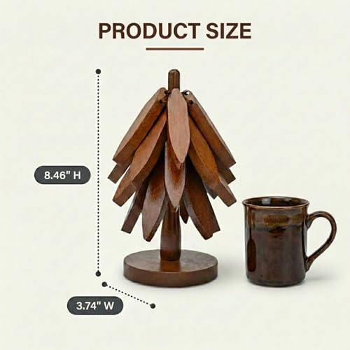 Walnut Wooden Tree Coasters & Foldable Trivets with Stand - Set of 4 (Nordora Walnut)