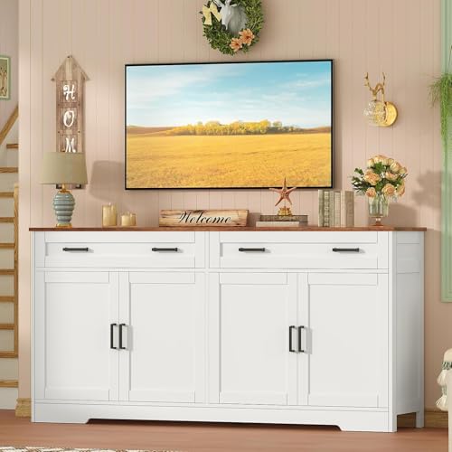 55-Inch Farmhouse Buffet Cabinet Sideboard with Drawers & Shelves, White